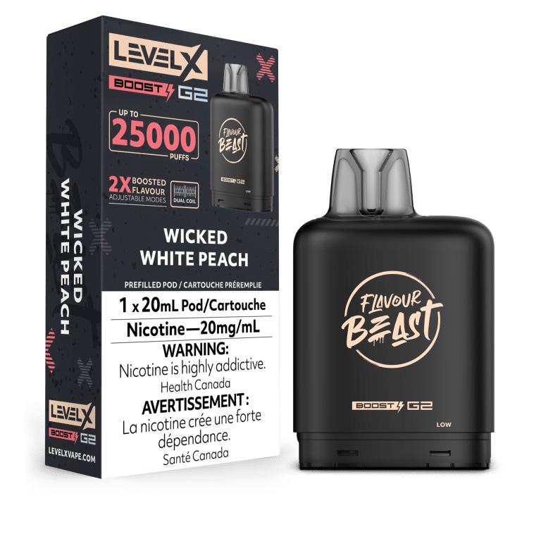 Levelx Boost G2 Flavourbeast Pod Aug2024 Render Fam 20mg Wickedwhitepeach