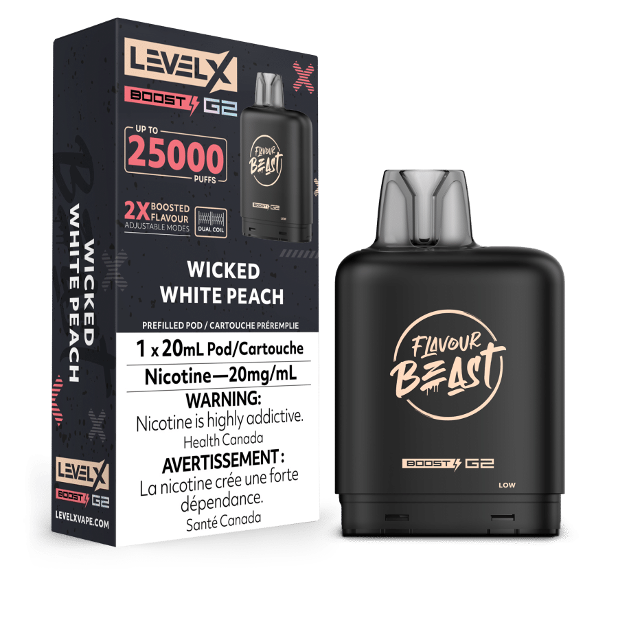Levelx Boost G2 Flavourbeast Pod Aug2024 Render Fam 20mg Wickedwhitepeach